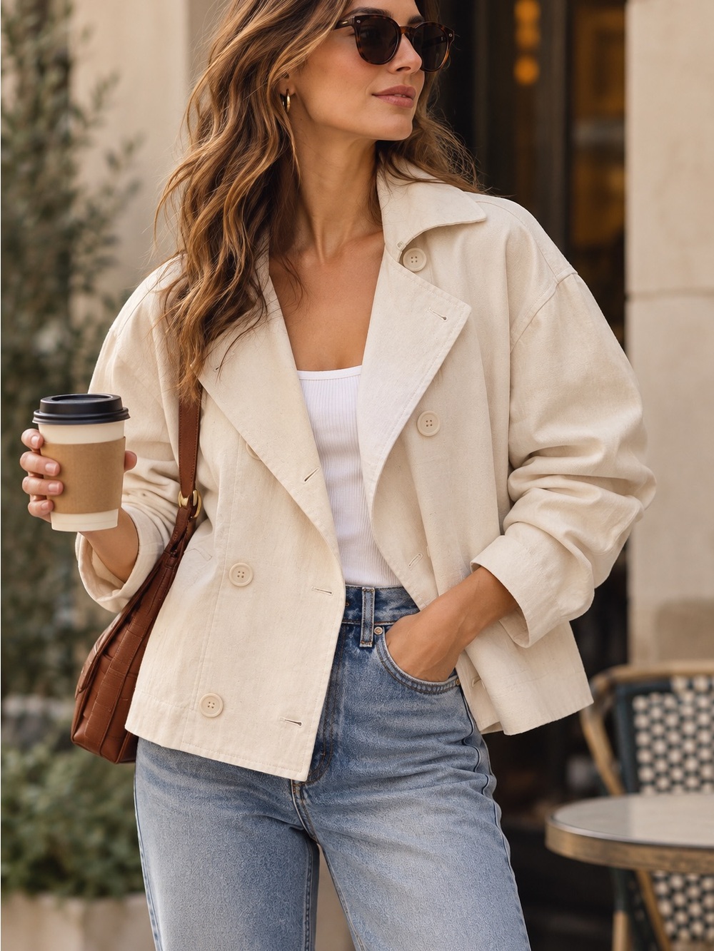Max Studio London Cream Linen Blend Double Breasted Cropped Jacket Size M